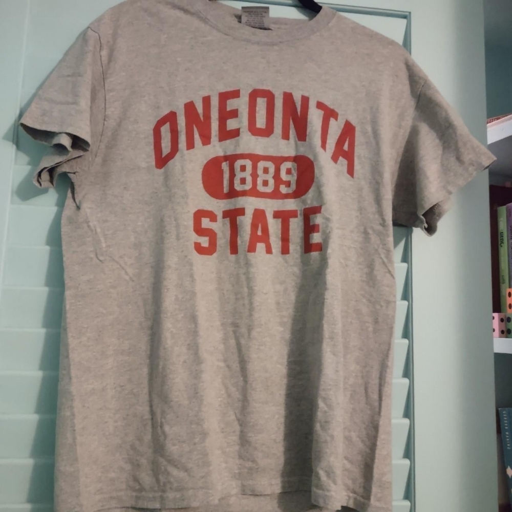 Grey Oneonta State University 1889 t-shirt with red text from mv sport size med